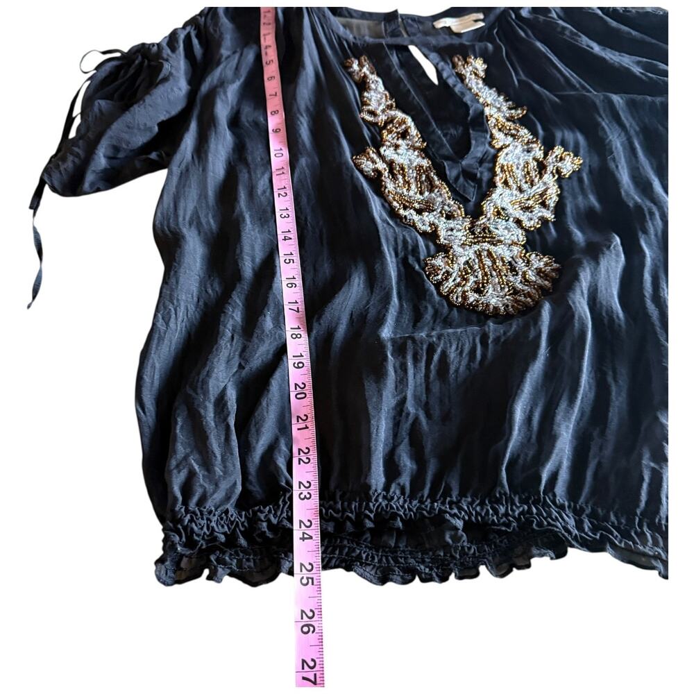 Gold Hawk Vintage Beaded Blouse Silk Sheer Black Top Boho  L - Picture 11 of 15